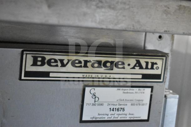 Beverage Air commercial sandwich salad prep table, Bain Marie Mega Top, 115V, 1 phase, on commercial casters, made in USA label.