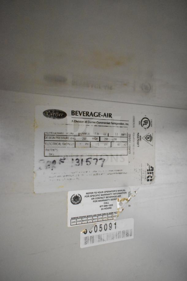 Beverage Air sandwich salad prep table label, showing model info, 115V, 1 phase, 60 Hz, and contact details.