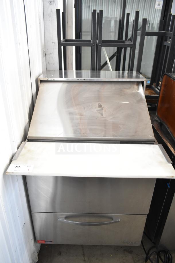 Turbo Air PST-28-12-D2-N commercial prep table with bain marie top, 2 drawers, 115V, stainless steel, auction tag visible.