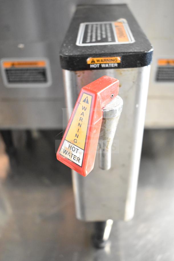 Bunn DUAL TF DBC commercial coffee machine with hot water dispenser, showing warning labels, 120/208V, 1 Phase.