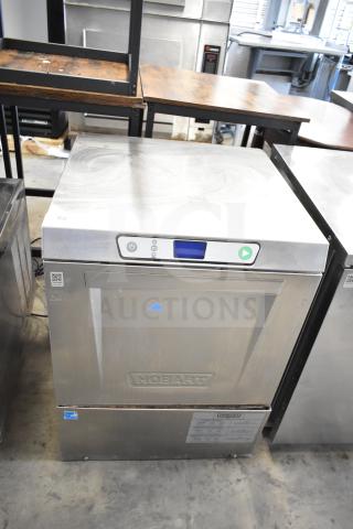 Hobart LXLH commercial undercounter dishwasher, stainless steel, 120/208-240V, 1 phase, digital controls, visible Hobart branding.