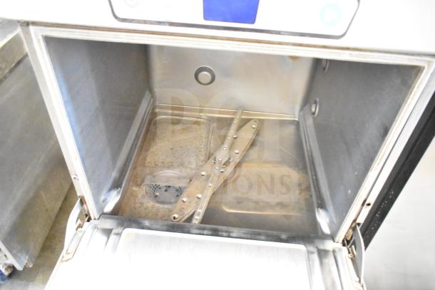 Hobart LXLH commercial undercounter dishwasher, stainless steel interior, 120/208-240V, 1 phase, open door view.