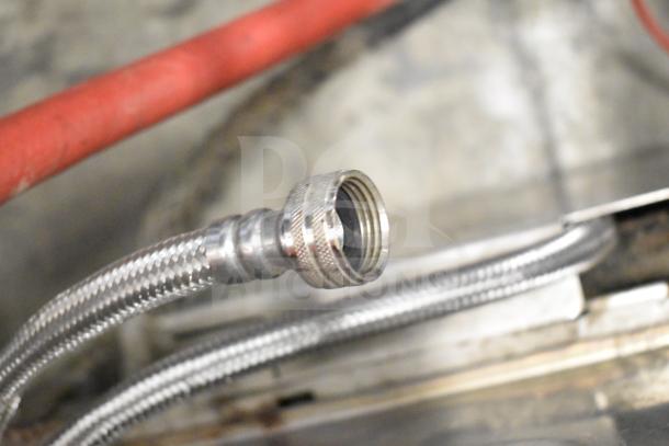 Braided steel hose connector for Hobart LXLH undercounter dishwasher, showing threading and attachment end.