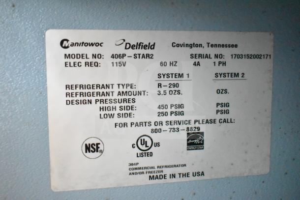 2017 Delfield 406P-STAR2 cooler label, 115V, 1 phase, uses R-290 refrigerant. Made in USA. NSF and Energy Star certified.