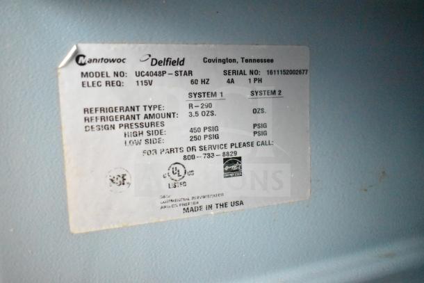 2016 Delfield UC4048P-STAR undercounter cooler, 115V, NSF, UL listed, Energy Star, serial 1611152002677, Covington, TN.