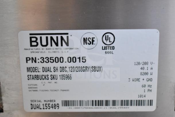 Bunn DUAL SH DBC Commercial Coffee Machine label, showing model details, voltage, and certifications.