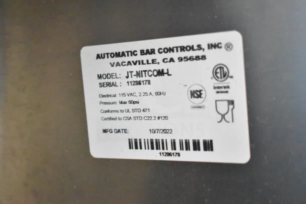 2023 Automatic Bar Controls JT-NITCOM-L stainless steel cold brew nitro dispenser, 115V, model label visible, serial 11286178.