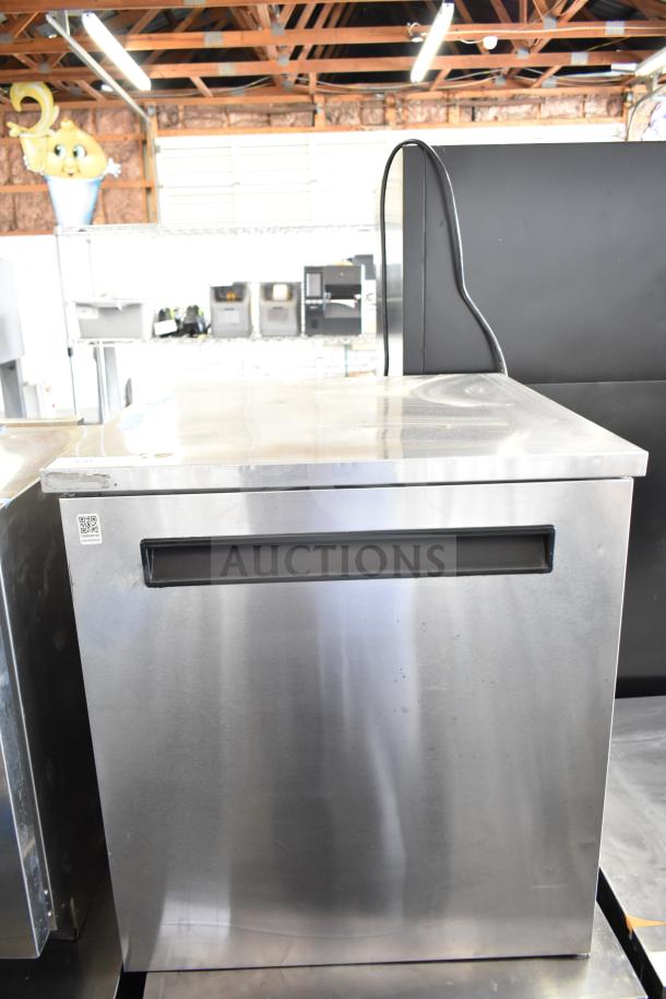 Delfield 406-STAR2 commercial single door undercounter cooler, stainless steel, 115V, 1-phase, visible QR code label.