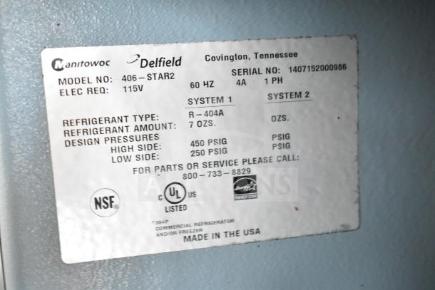 Delfield 406-STAR2 undercounter cooler label; 115V, 1 phase, R-404A refrigerant, NSF and UL listed, made in USA.