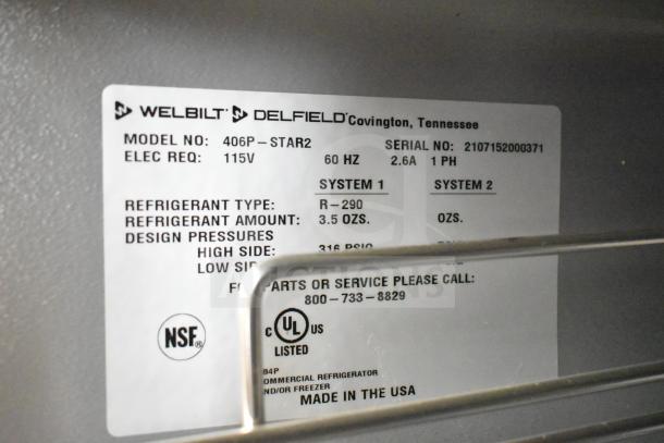 2021 Delfield 406P-STAR2 single door cooler, 115V, 1 phase. Label shows refrigerant type R-290, 3.5 oz. Made in USA.
