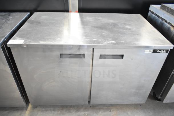 Delfield Commercial 2 Door Undercounter Cooler, stainless steel, 115 volts, 1 phase, minor surface wear, Delfield branding visible.