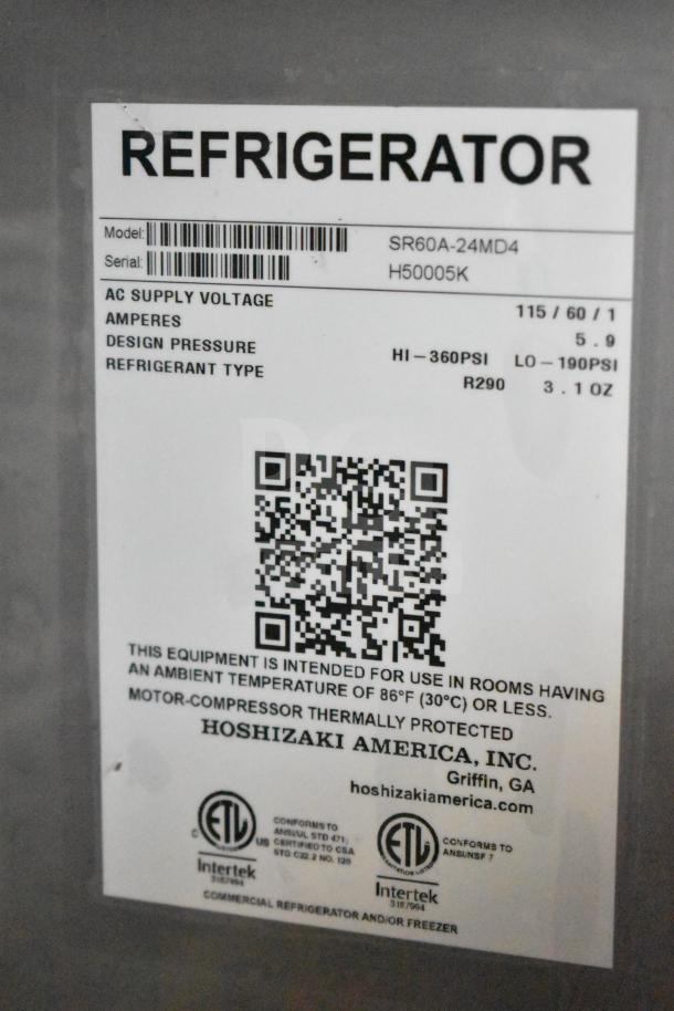 Label on Hoshizaki SR60A-24MD4 prep table showing model, voltage, refrigerant type, and certification details.