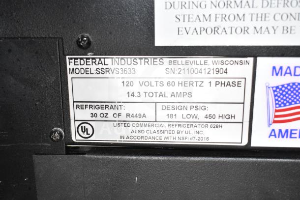 Federal Industries SSRVS3633 nameplate showing 120V, 1 Phase, 14.3 Amps electrical specs. Refrigerant R449A, UL listed.