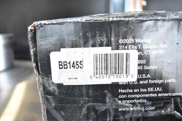 IN ORIGINAL BOX! Waring BB145S BevBasix 32 oz. Commercial Bar Blender with stainless steel container, 120 volts. Box label visible.