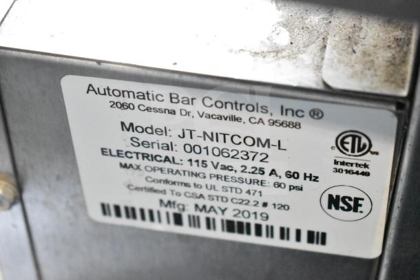 2019 stainless steel Automatic Bar Controls JT-NITCOM-L cold brew nitro dispenser. 115V, 1 phase. Model and serial label visible.
