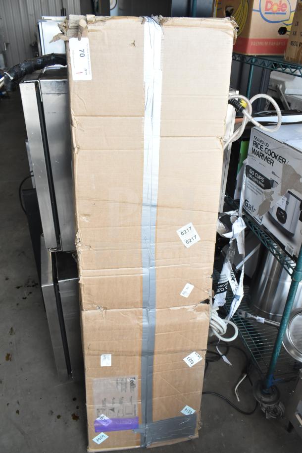 Cardboard box containing brand new ServIt 423SW60INHDBLA 60" Double Strip Warmer. Box has visible dents and tape repairs.