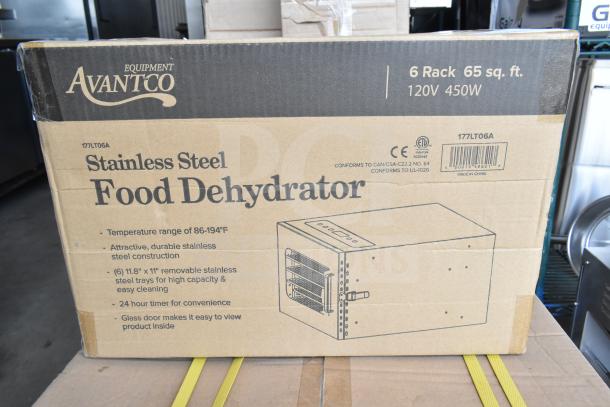 Brand new Avantco 177LT06A 6-tray stainless steel food dehydrator with glass door, 120V, in packaging. Scratch and dent condition.