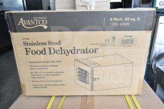 Brand new Avantco 177LT06A 6-tray stainless steel food dehydrator with glass door, 120V, in packaging. Scratch and dent condition.