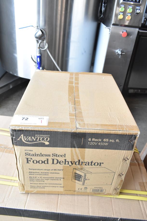 Brand new Avantco 177LT06A 6 tray stainless steel food dehydrator in original box, 120V, 1 phase, with minor box damage.