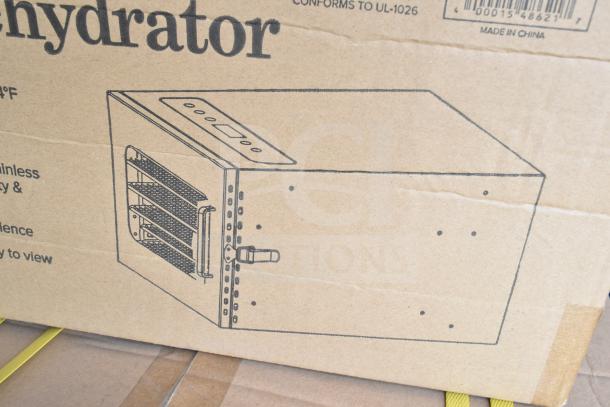 Brand new Avantco 177LT06A, 6-tray stainless steel food dehydrator with glass door in original packaging, 120V, 1 phase.