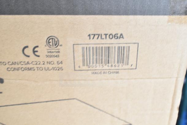 Stainless steel Avantco 177LT06A 6-tray food dehydrator with glass door. 120V, 1 phase. Box shows CE and ETL certifications.