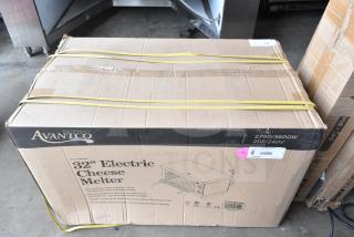 Brand new Avantco 32" Cheese Melter, stainless steel, electric, 208/240V, with racks. Box shows minimal wear.