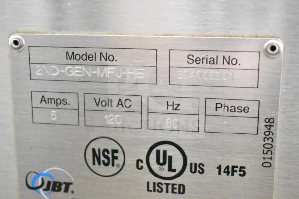 JBT 2ND-GEN-MFJ-HE citrus juicer label showing model, serial number, voltage, amperage, and certification logos.