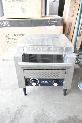 Brand new Galaxy 177GCT10 conveyor toaster, 3" opening, 120V, with minor scratch and dent. "Caution Hot" label visible.