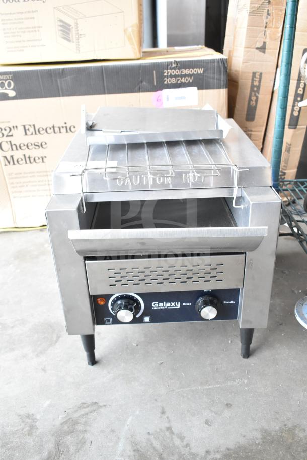 Brand new Galaxy 177GCT10 conveyor toaster, 3-inch opening, 120V, 1 Phase. "Caution Hot" marking, minor blemishes.