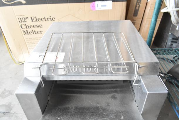 Brand new Galaxy 177GCT10 CT-10 conveyor toaster, 3" opening, 120V, 1 Phase, scratch and dent condition, "Caution Hot" label.