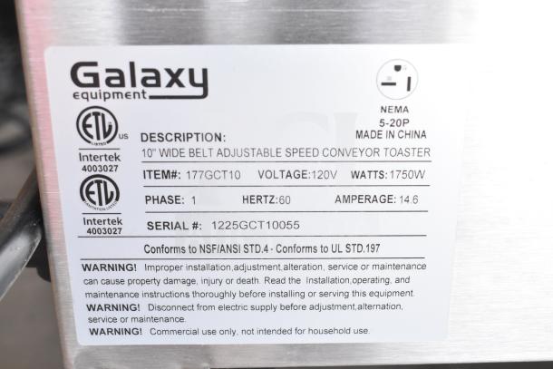 Galaxy 177GCT10 CT-10 Conveyor Toaster, 120V, 1750W, 1 Phase, 3" Opening, new scratch and dent condition, ETL listed.