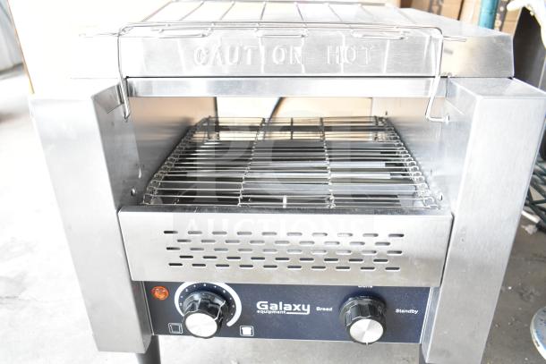 Brand new Galaxy 177GCT10 conveyor toaster with 3" opening, 120 volts, 1 phase. "Caution Hot" label, stainless steel exterior.