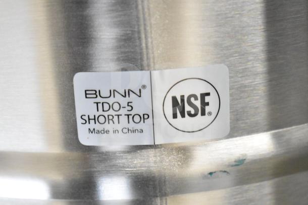 Bunn TDO-5 iced tea dispenser label, showing "Bunn TDO-5 Short Top" and "NSF" marking; made in China.