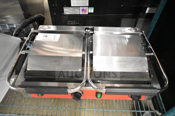2023 Avantco 177PG400S commercial dual panini grill with smooth plates, 19 5/8" x 9 1/8" surface, 120V, new condition.