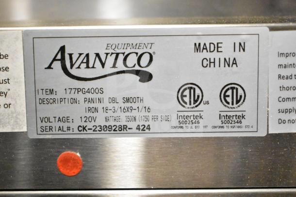 Avantco 177PG400S commercial dual panini grill label; smooth plates, 120V, 1 phase, 19 5/8"x9 1/8" cooking surface.