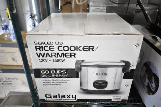 Brand new Galaxy 177GRCS60 electric rice cooker, 60-cup capacity, sealed, 120V, 1 Phase, in box with minor scratches.