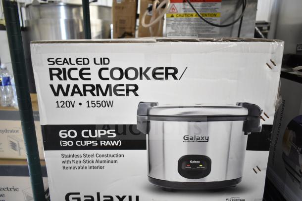Brand new Galaxy 177GRCS60 60-cup electric rice cooker/warmer, 120V, sealed lid, stainless steel, minor scratches.
