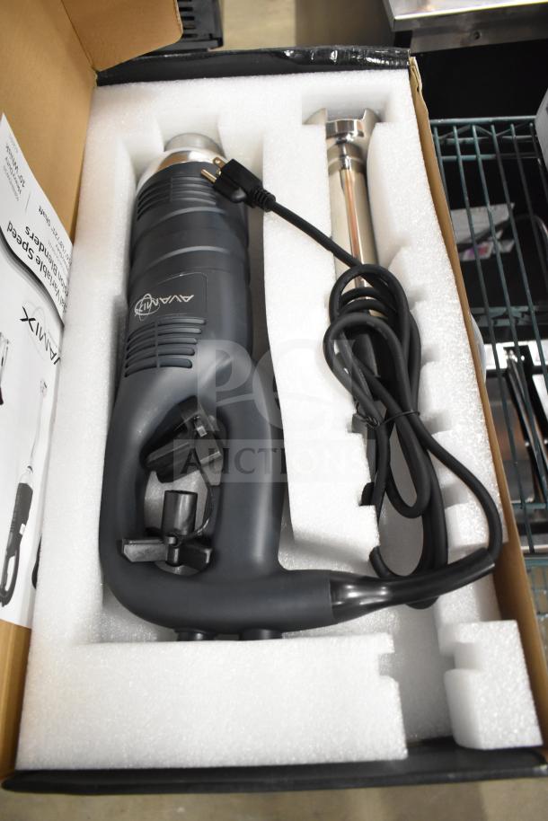 Brand new Avantco 928IBMD10 10" immersion blender, 3/4 hp, 120 volts, medium-duty, variable speed, in packaging.