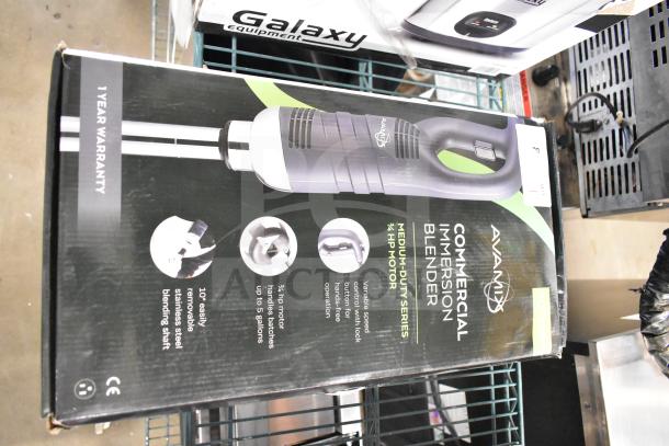 BRAND NEW Avantco 10" Immersion Blender, 3/4 hp, variable speed, 120V, 1-year warranty. Scratch and dent condition. Box shown.
