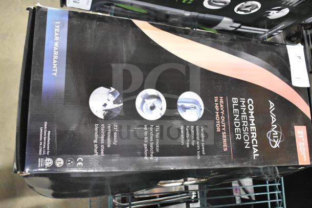 Brand new Avantco 928IBHD21 21" heavy-duty immersion blender, 1 1/4 hp, 120V, scratch and dent, variable speed, 1-year warranty.