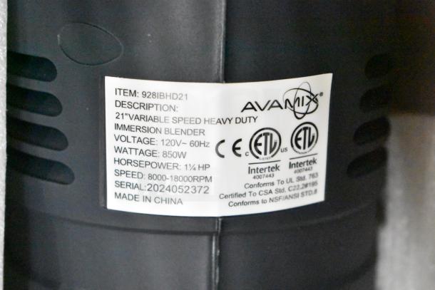 BRAND NEW Avantco 21" heavy-duty immersion blender, 1 1/4 hp, 120V, variable speed, scratch and dent condition, ETL certified.
