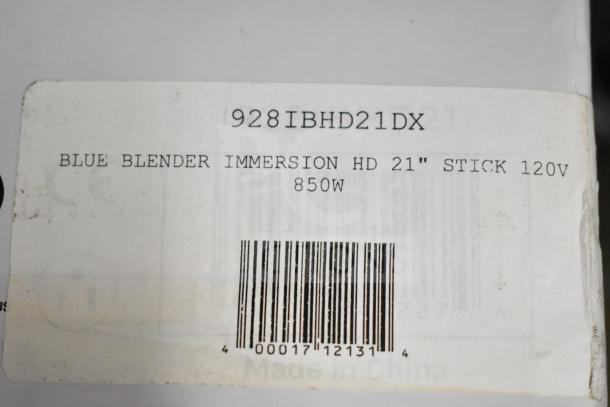 Barcode label on Avantco 928IBHD21 immersion blender box, showing model number and specs: 21", 850W, 120V stick blender.
