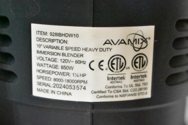 Alt Text: Label of a 2024 Avantco 928IBHDW10 Heavy-Duty Immersion Blender. Details: 10" whisk, 1 1/4 hp, 850W, 120V, variable speed.