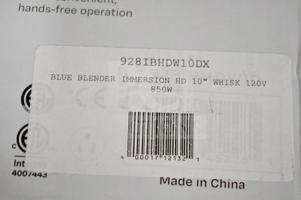 "Avantco 928IBHDW10 Heavy-Duty Immersion Blender with 10-Inch Whisk, 120V, 2024 model label, made in China."