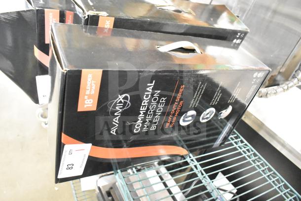 2024 Avantco 18" Heavy-Duty Immersion Blender in box, 1 1/4 hp, 120V, new condition, scratch and dent visible.