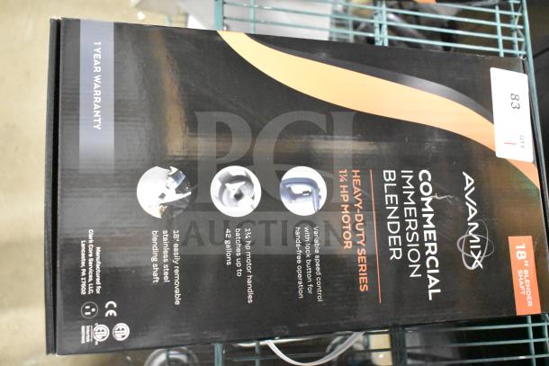 Box of brand new 2024 Avantco 928IBHD18 18" heavy-duty immersion blender, 1 1/4 hp, variable speed, 120V, with a 1-year warranty.