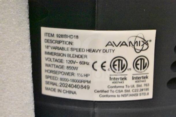 Label of 2024 Avantco 928IBHD18 Heavy-Duty Immersion Blender, 18" shaft, 1 1/4 hp, 120V, 8000-18000 RPM, made in China.