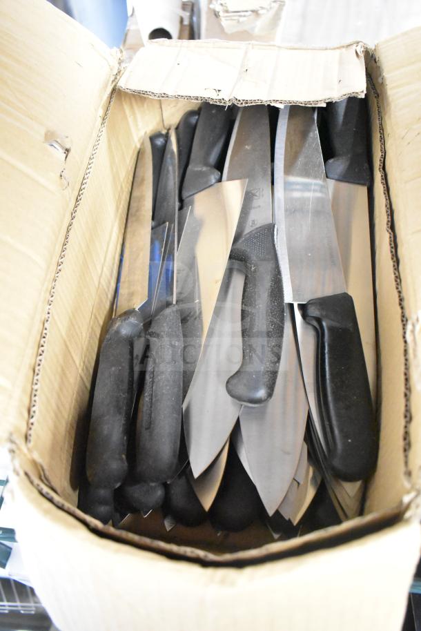 Box of 50 sharpened stainless steel chef knives with black handles. Knives are new and in excellent condition.