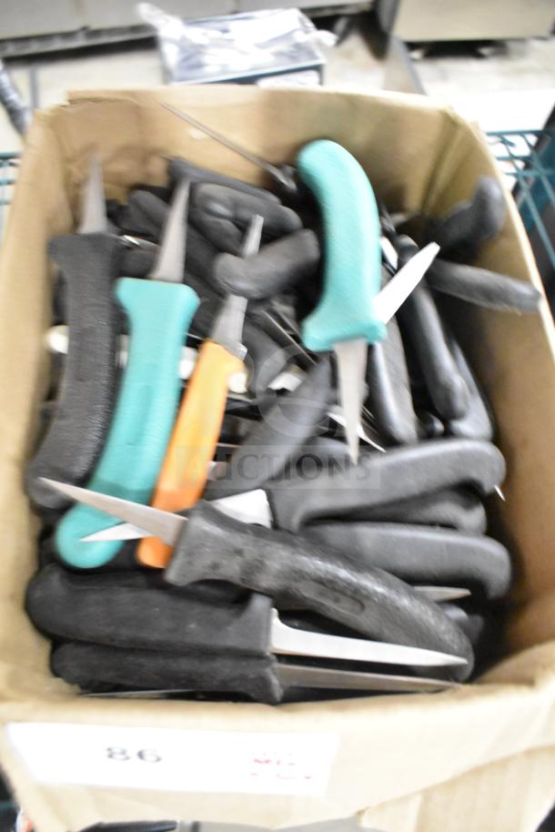 Box of 50 sharpened stainless steel poultry knives with various colored handles. High-quality, suitable for industrial use.