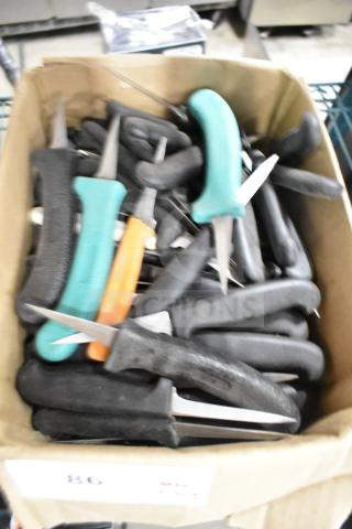 Box of 50 sharpened stainless steel poultry knives with various colored handles. High-quality, suitable for industrial use.